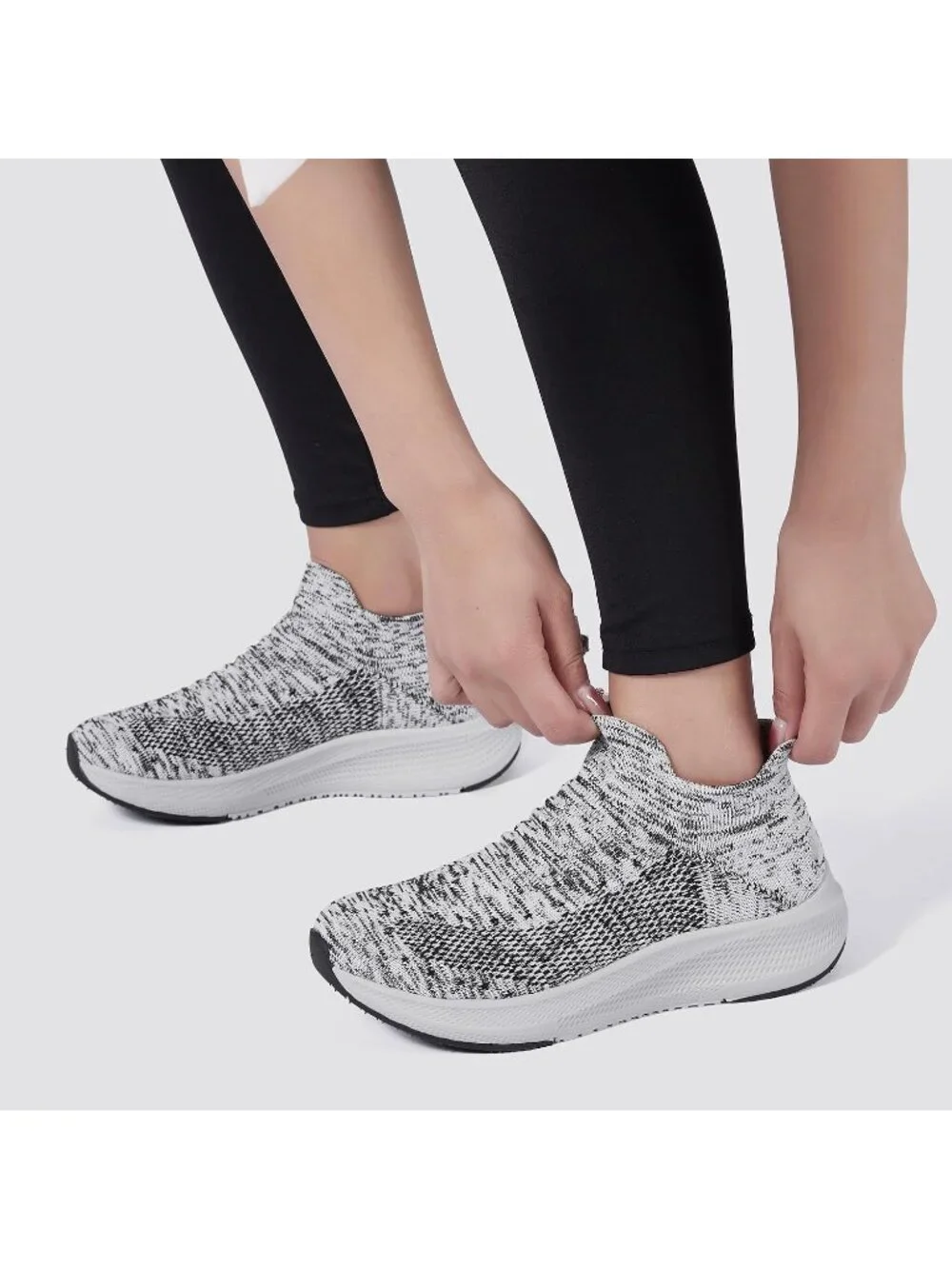 Women's Grey White Comfort Lightweight Sock Mesh Slip on Casual Sneaker Shoes